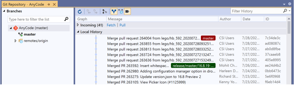 The Git Repository window that shows the commit history of a branch in Visual Studio