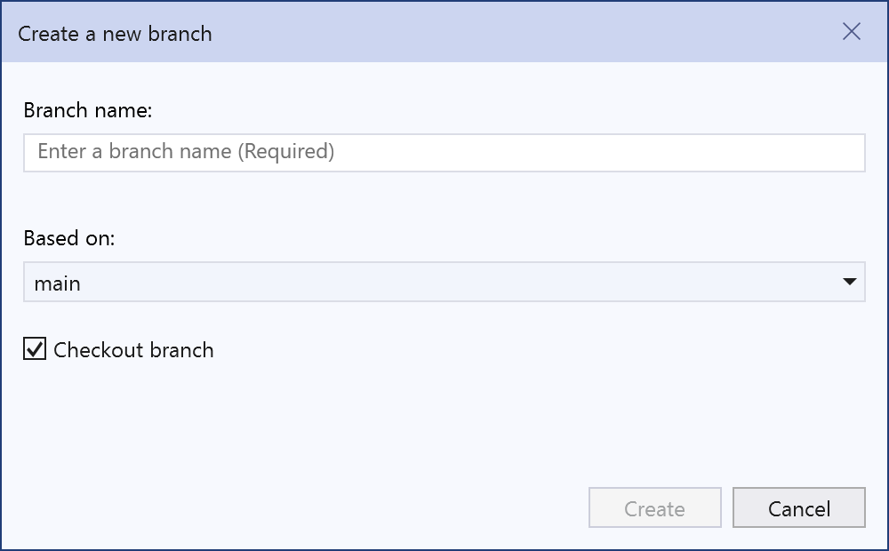 The Create a New Branch dialog box in Visual Studio