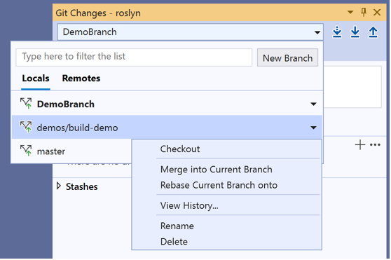 The current branches that you can view by using the selector at the top of the Git Changes selector in Visual Studio