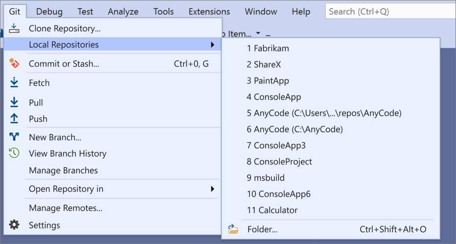 The Local Repositories option from the Git menu in Visual Studio