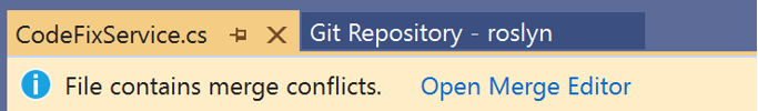 Screenshot of 'File contains merge conflicts' message in Visual Studio