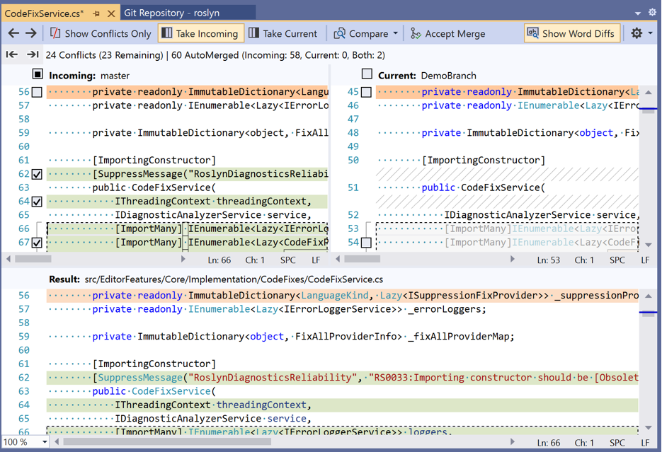 The Merge Editor in Visual Studio