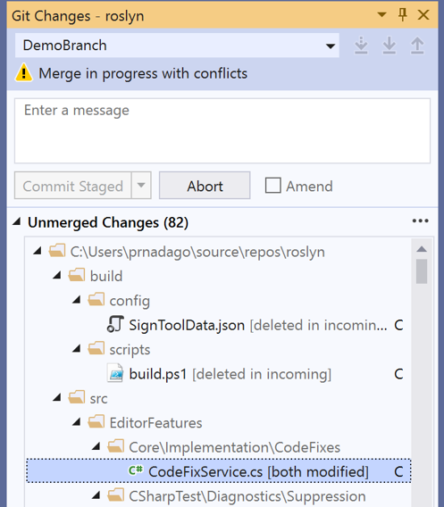 The 'Merge in progress with conflicts' message in Visual Studio