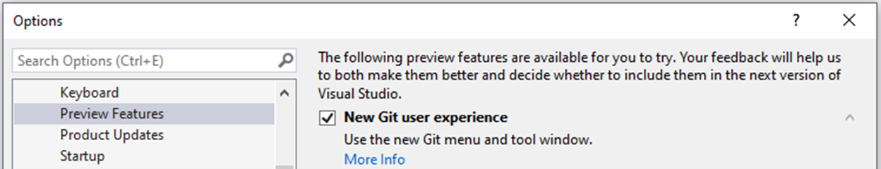 The Preview Features section of the Options dialog box in Visual Studio
