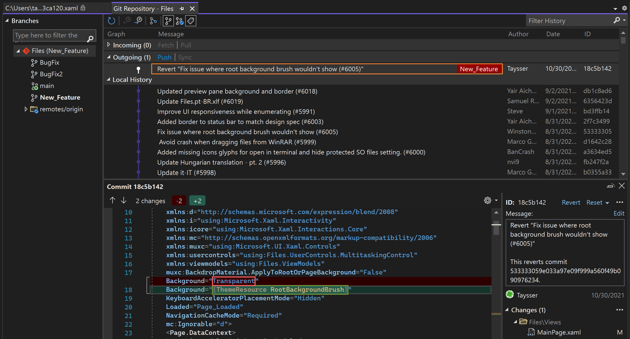 Screenshot of confirming a revert operation.