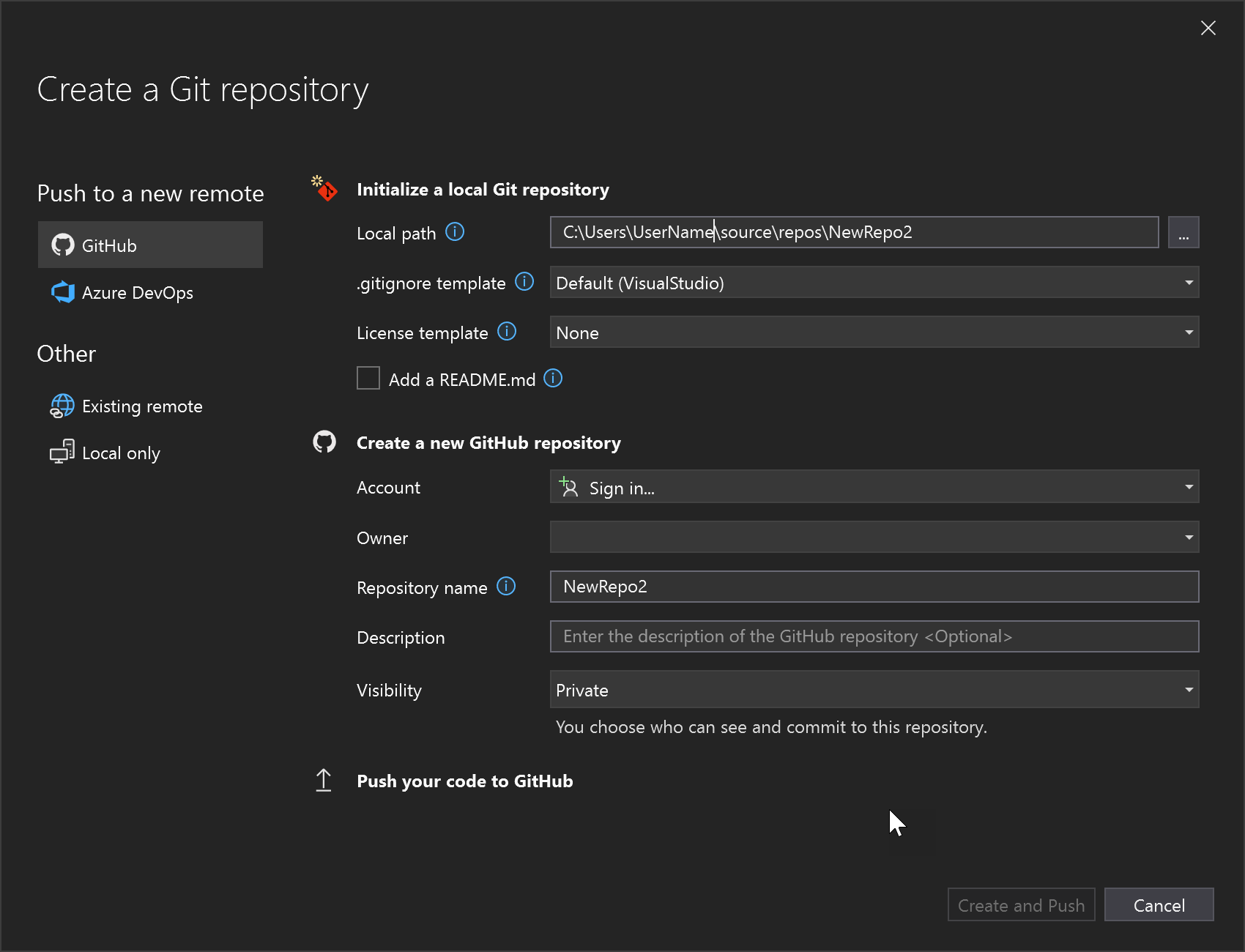 Screenshot of the Create a Git Repository dialog box in Visual Studio.