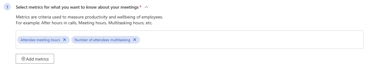 Screenshot of the select metrics section of the query building process, with selected metrics as tags in a box below the section header and subtitle.