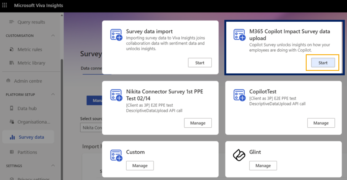 Screenshot that shows the first steps to upload the survey data.