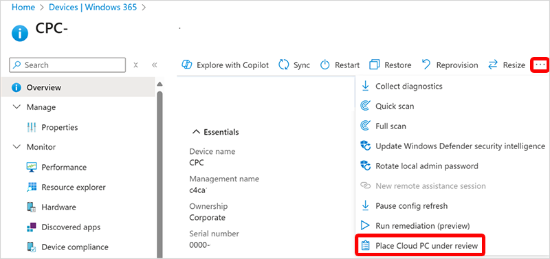 [Screenshot of place a Cloud PC under review.