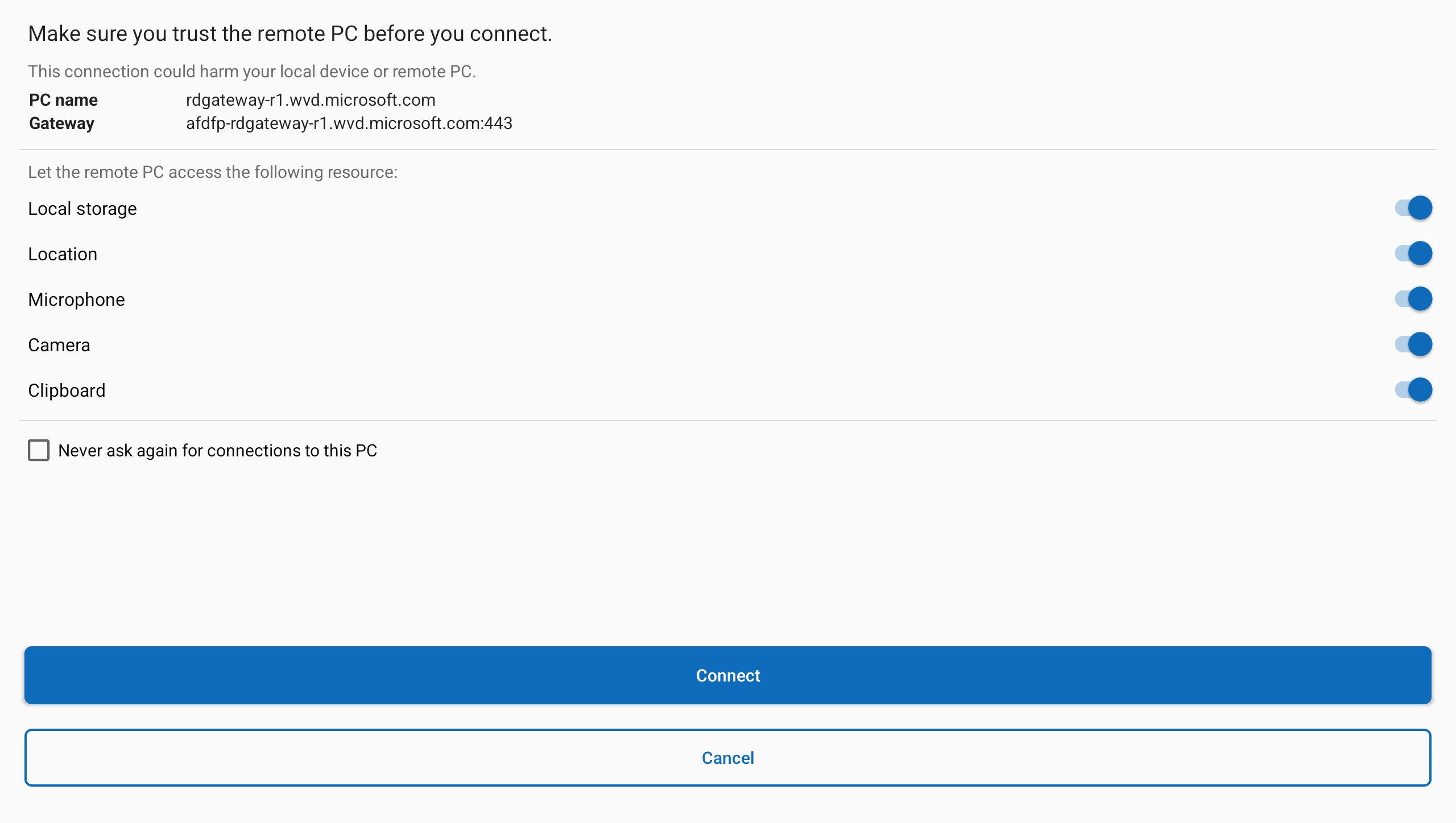 A screenshot showing the trust prompt for Windows App on Android with Windows 365.