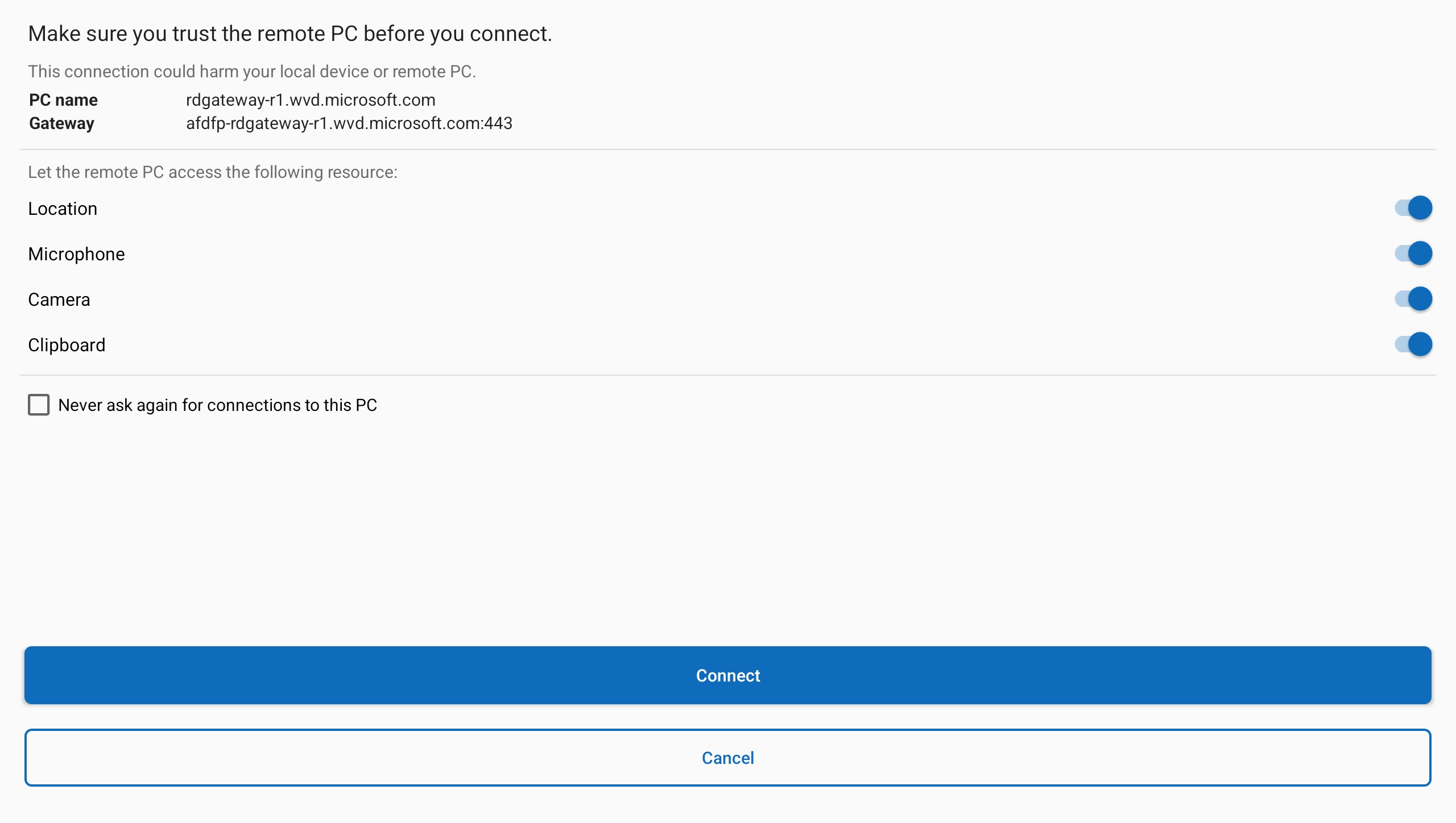 A screenshot showing the trust prompt for Windows App on Android with Azure Virtual Desktop.