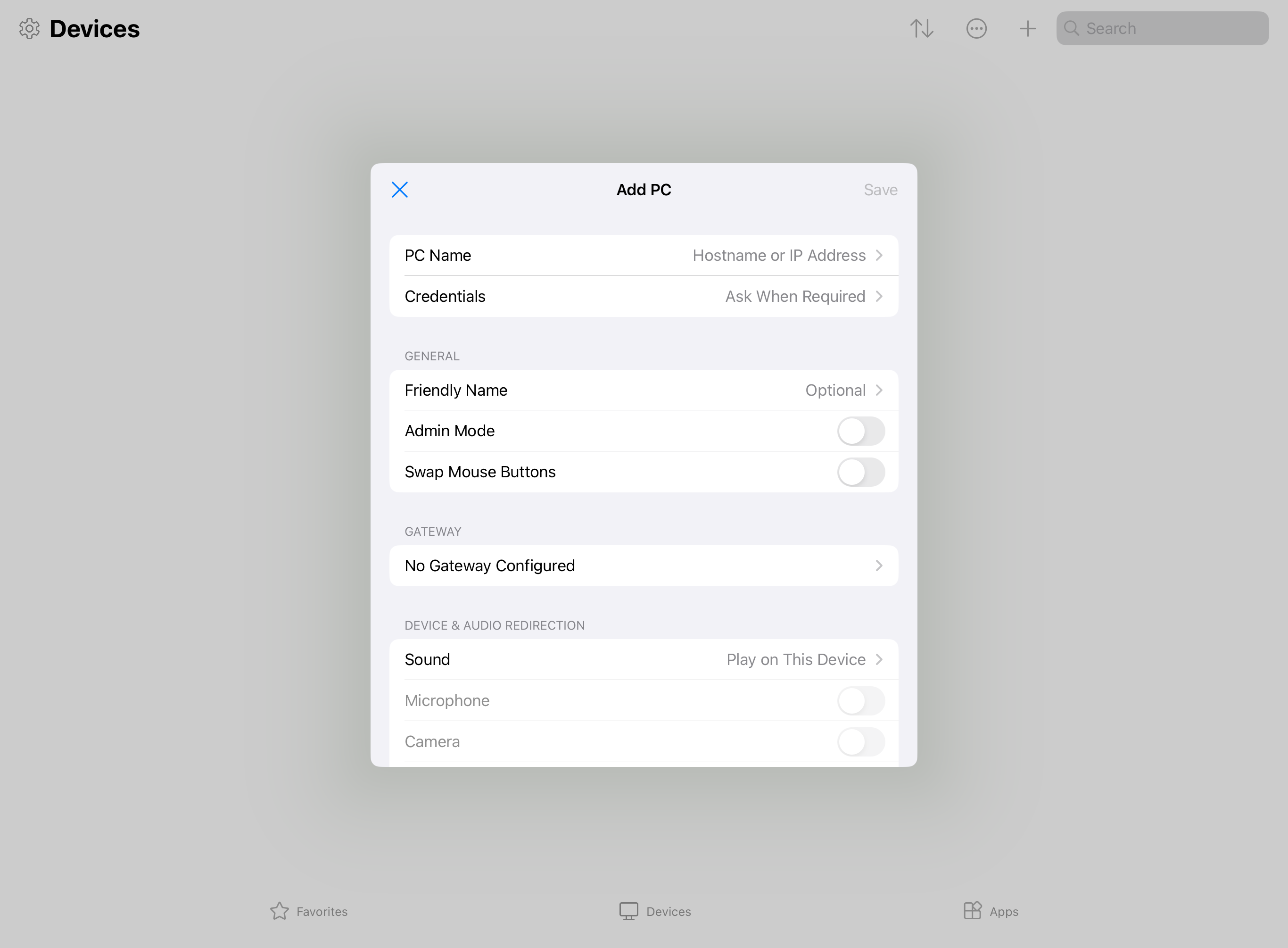 A screenshot showing the add PC dialog box for Windows App on iPadOS with a remote PC.