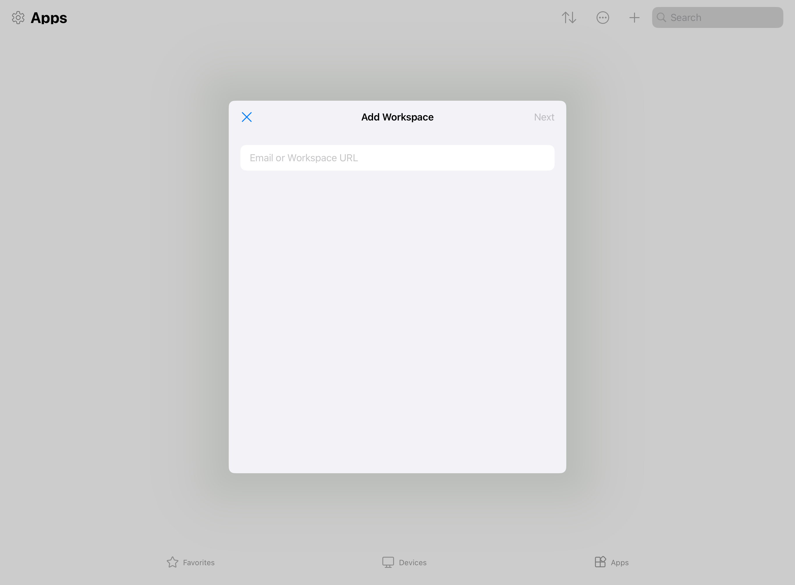 A screenshot showing the add workspace tab for Windows App on iPadOS with Azure Virtual Desktop.