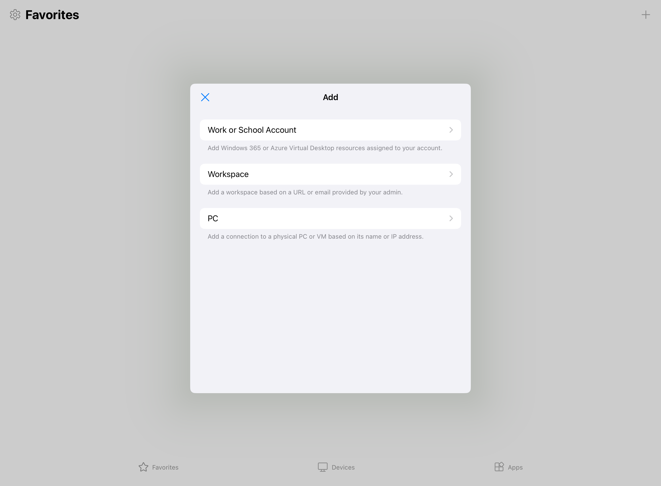 A screenshot showing the add account tab for Windows App on iPadOS with Azure Virtual Desktop.