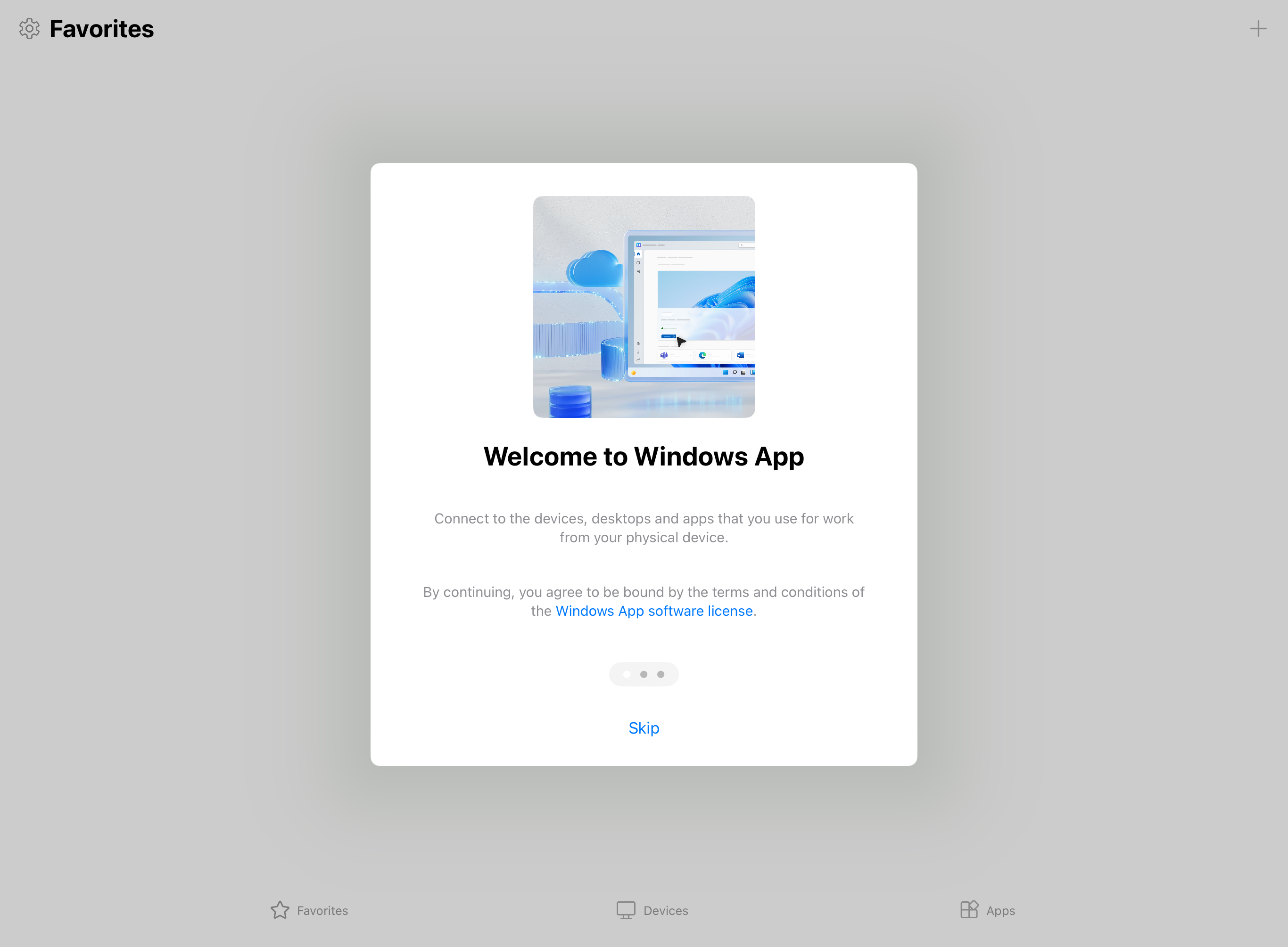 A screenshot showing the tour for Windows App on iPadOS with Azure Virtual Desktop.