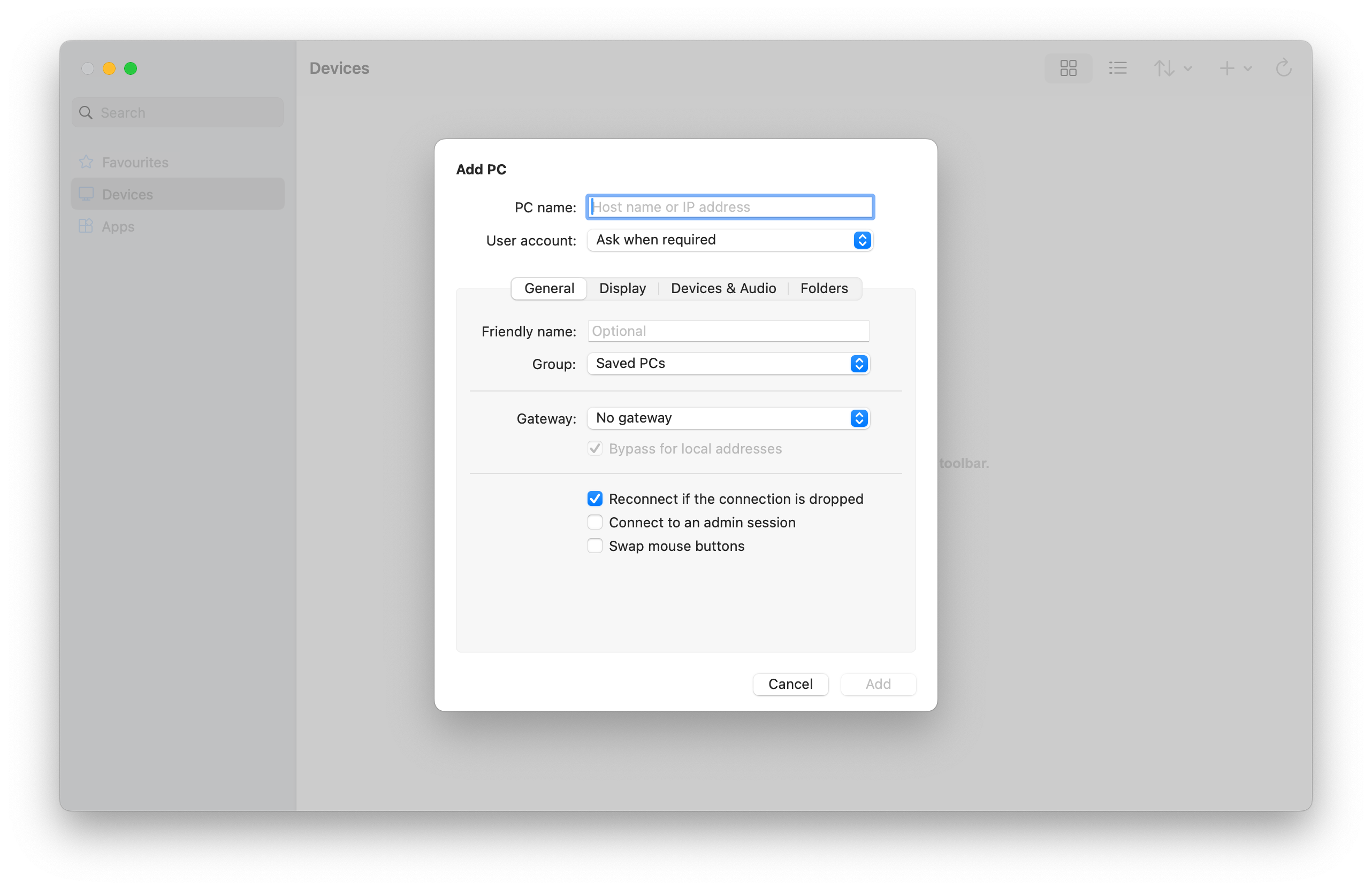 A screenshot showing the add PC screen for Windows App on macOS.