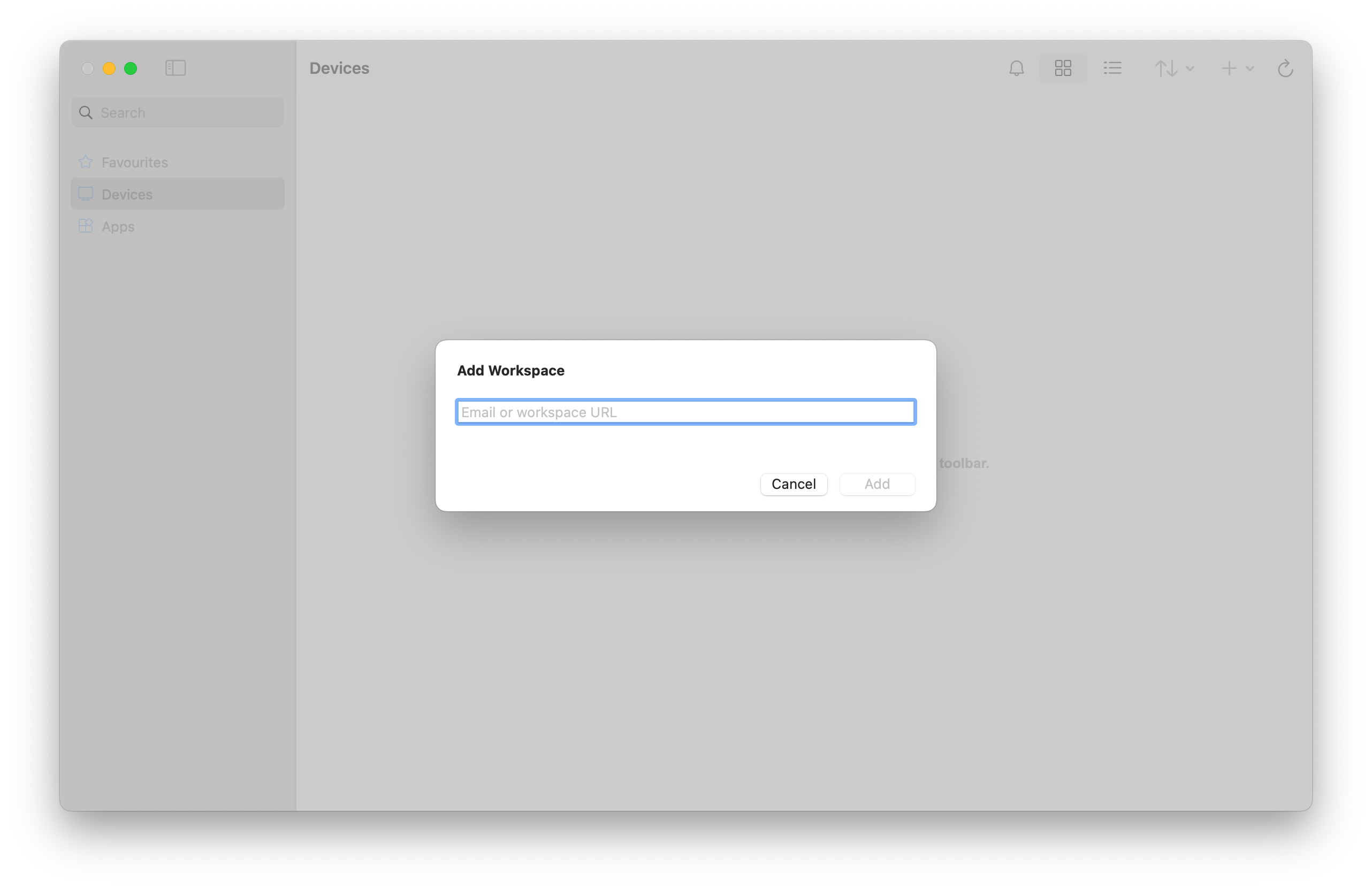 A screenshot showing the add workspace tab for Windows App on macOS with Azure Virtual Desktop.