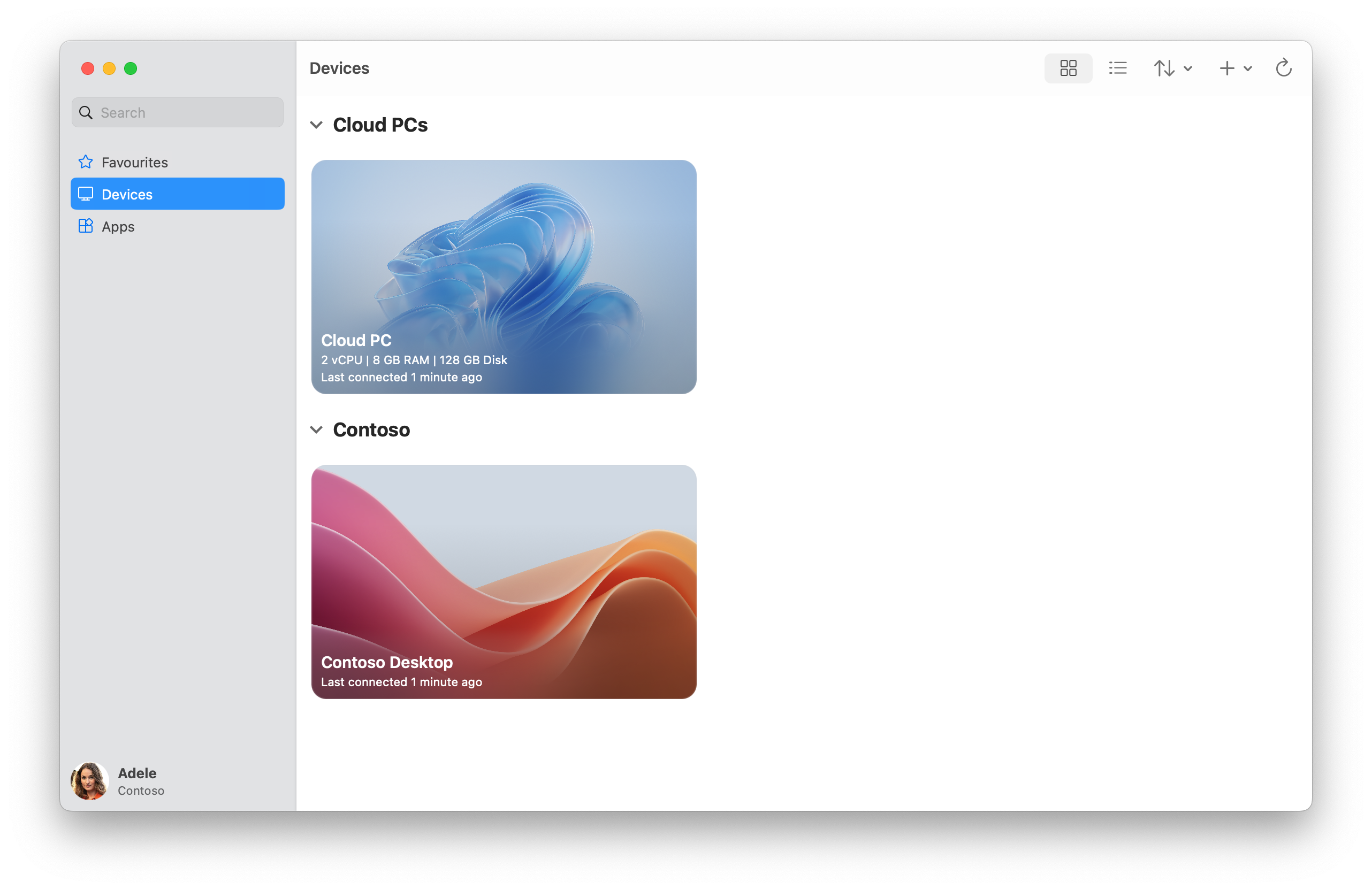 A screenshot showing the populated devices tab for Windows App on macOS with Azure Virtual Desktop.