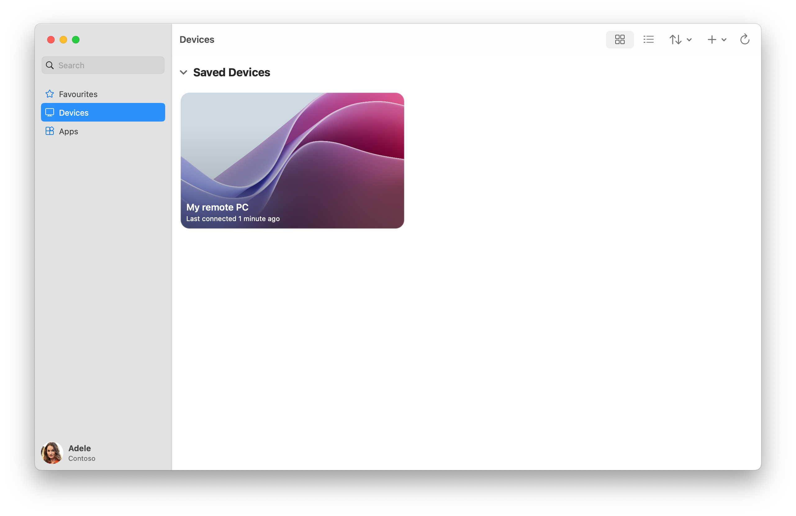 A screenshot showing the devices tab with a remote PC for Windows App on macOS.