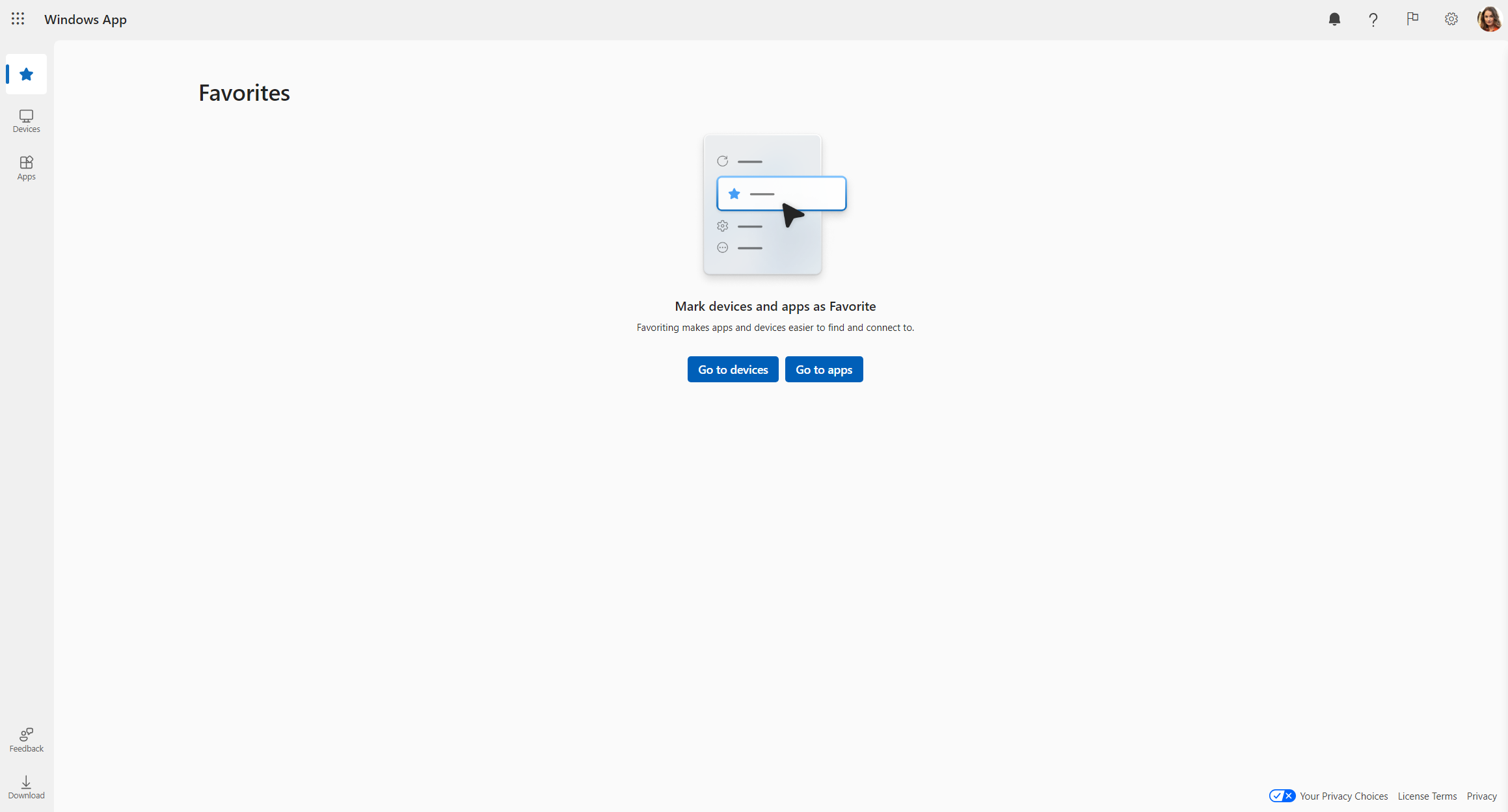 A screenshot showing the favorites tab for Windows App in a web browser with Azure Virtual Desktop.