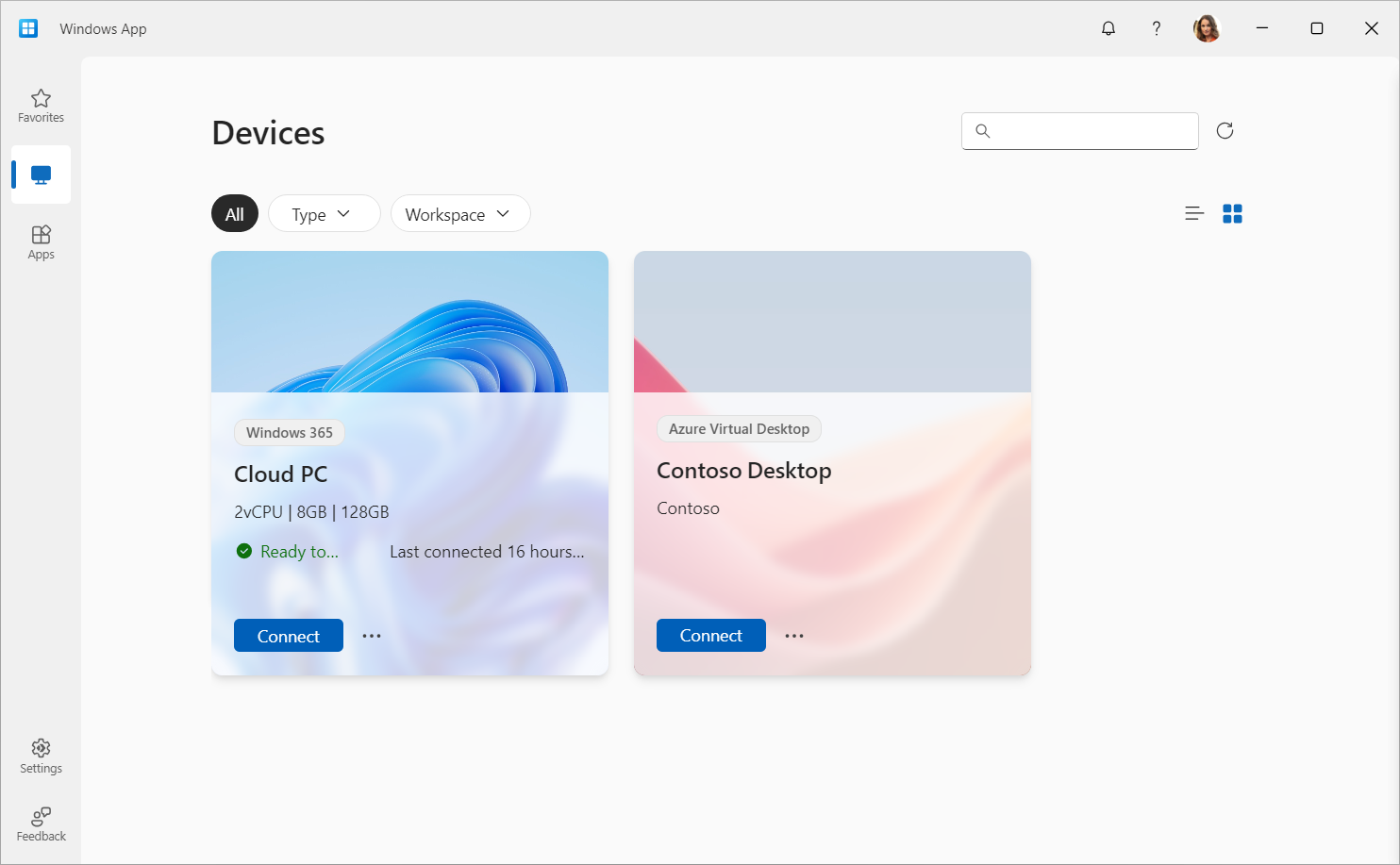 A screenshot showing the devices tab for Windows App on Windows with Azure Virtual Desktop.
