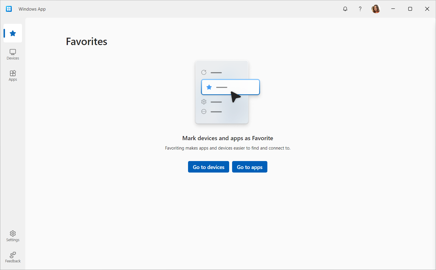 A screenshot showing the home tab for Windows App on Windows with Azure Virtual Desktop.