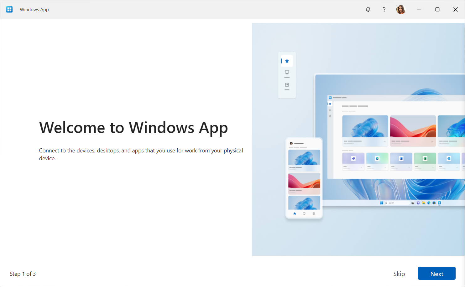 A screenshot showing the first time tour for Windows App on Windows with Azure Virtual Desktop.