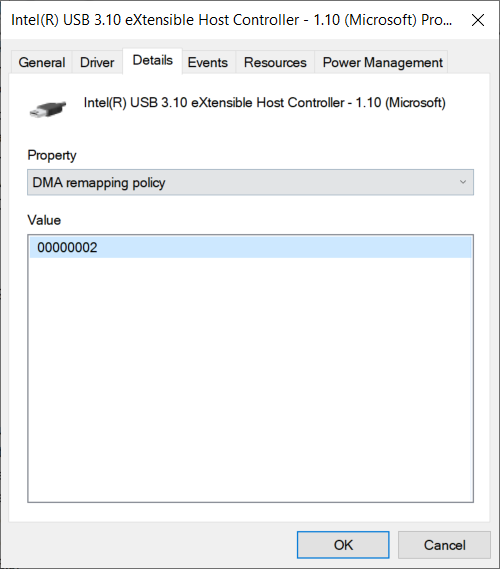 Screenshot of the Device Manager Details tab showing the DMA remapping policy property for a PCI device.