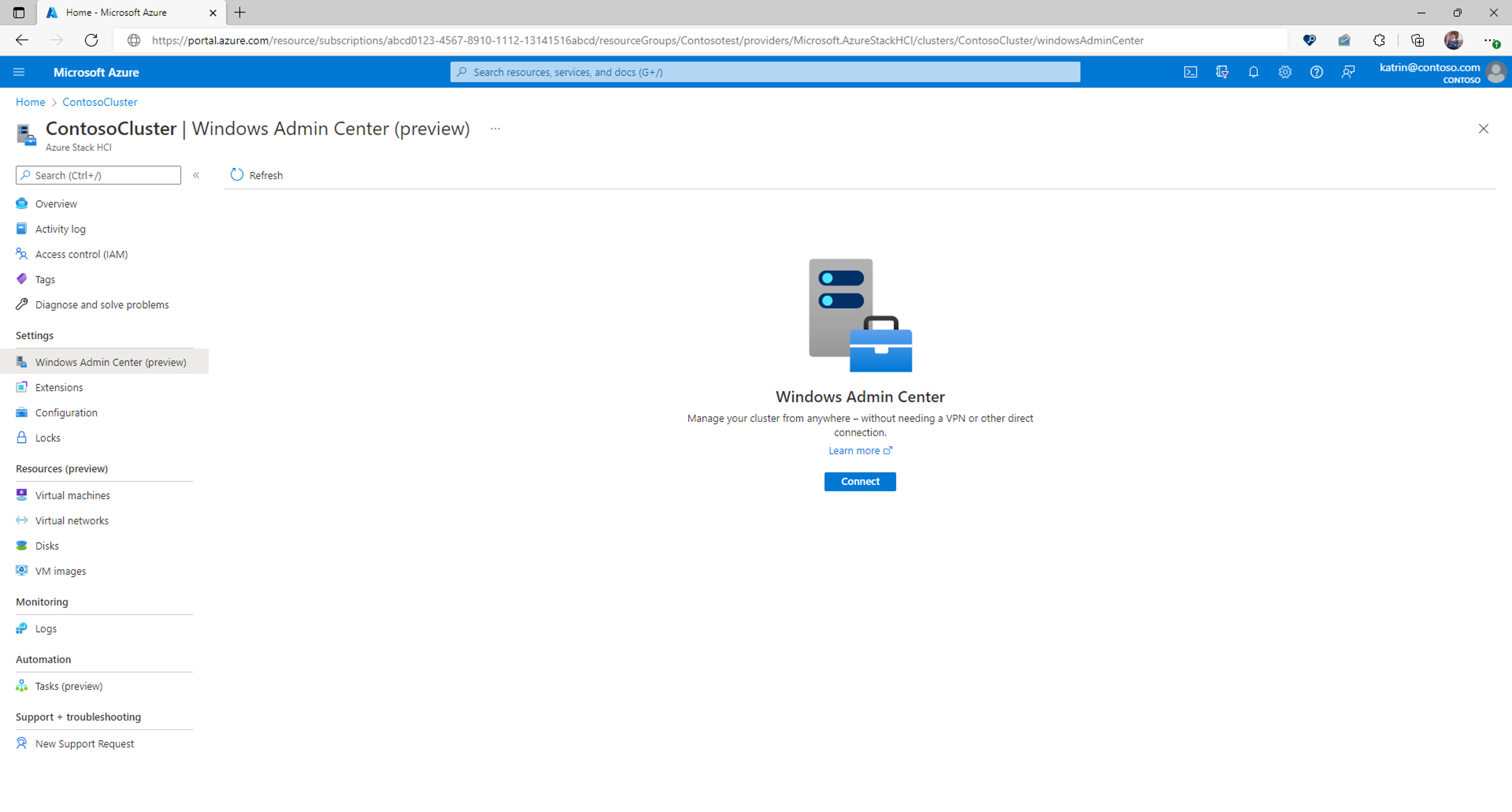 Screenshot showing the Connect button for Windows Admin Center on an Azure Local cluster.