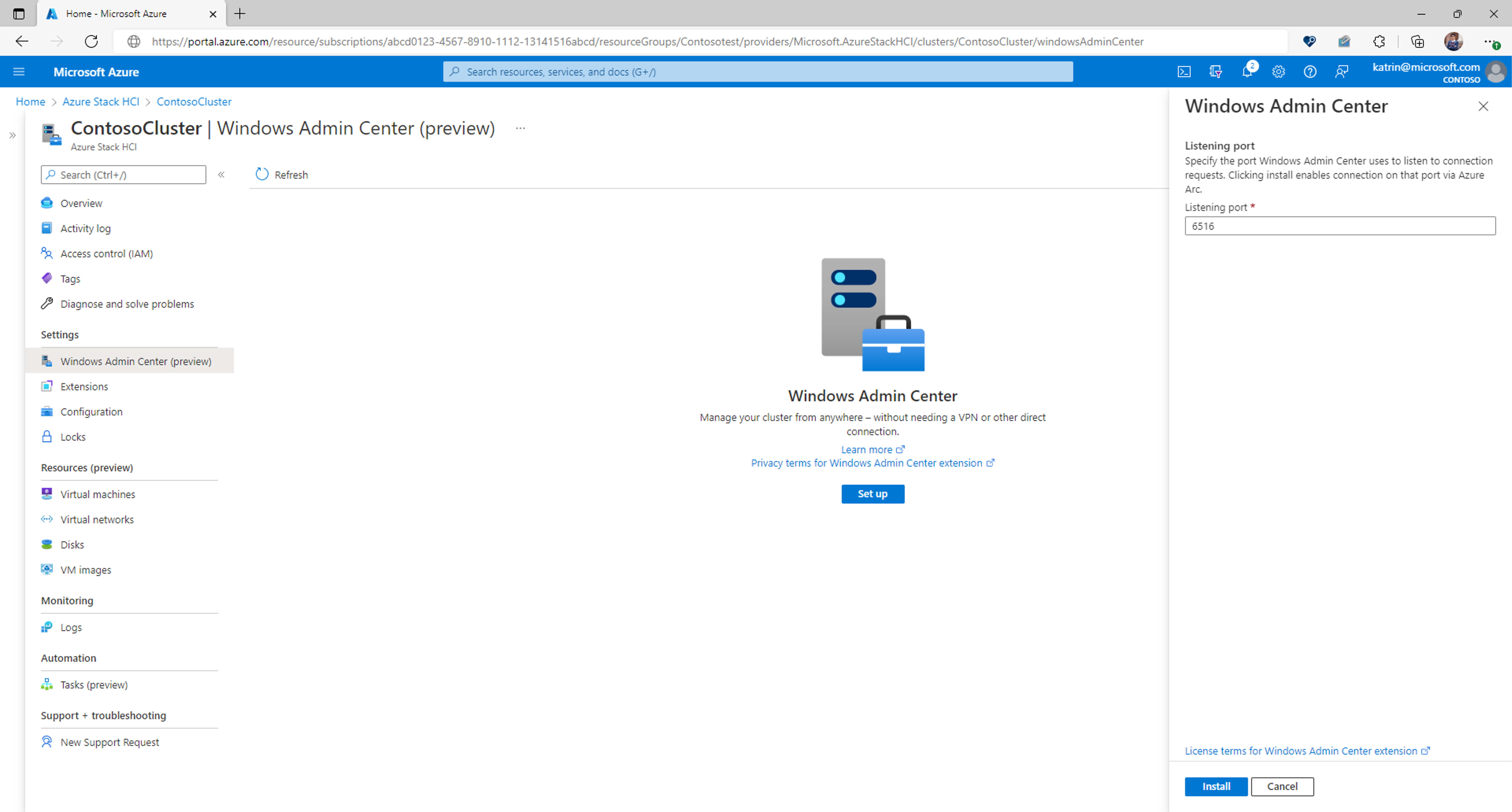 Screenshot showing the install button for Windows Admin Center on an Azure Local cluster.
