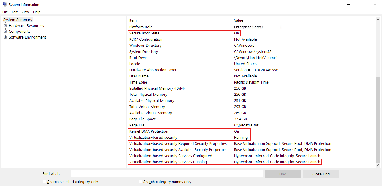 Screenshot showing the System Information application window with Secured-core enabled.