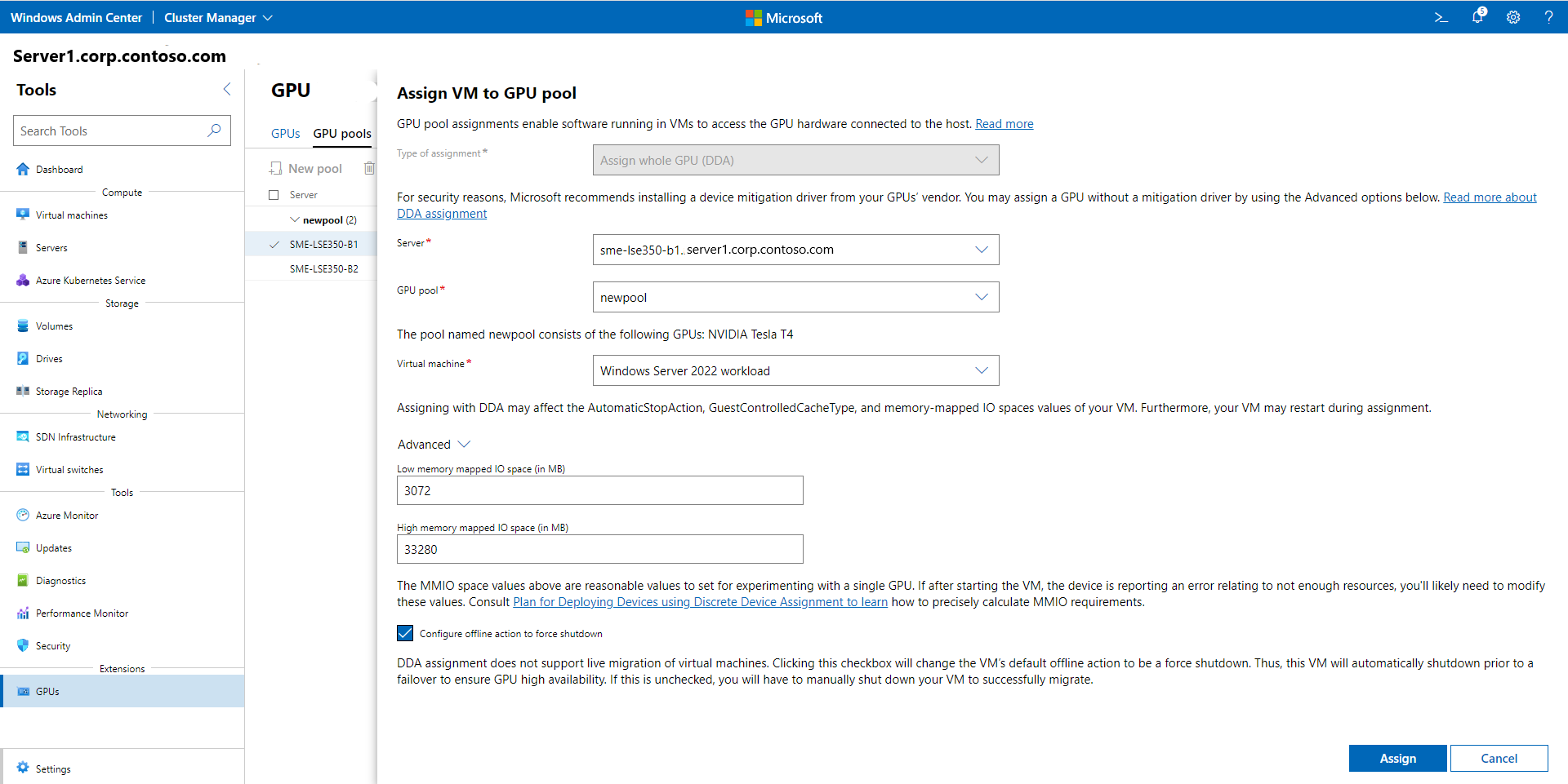 Screenshot of the Assign VM to GPU pool page in Windows Admin Center where you assign a VM to a GPU from the GPU pool.