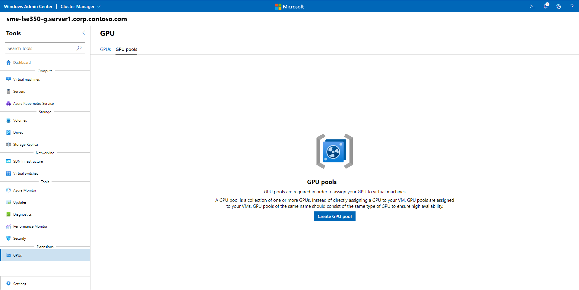 Screenshot of the Create GPU pools page in Windows Admin Center.