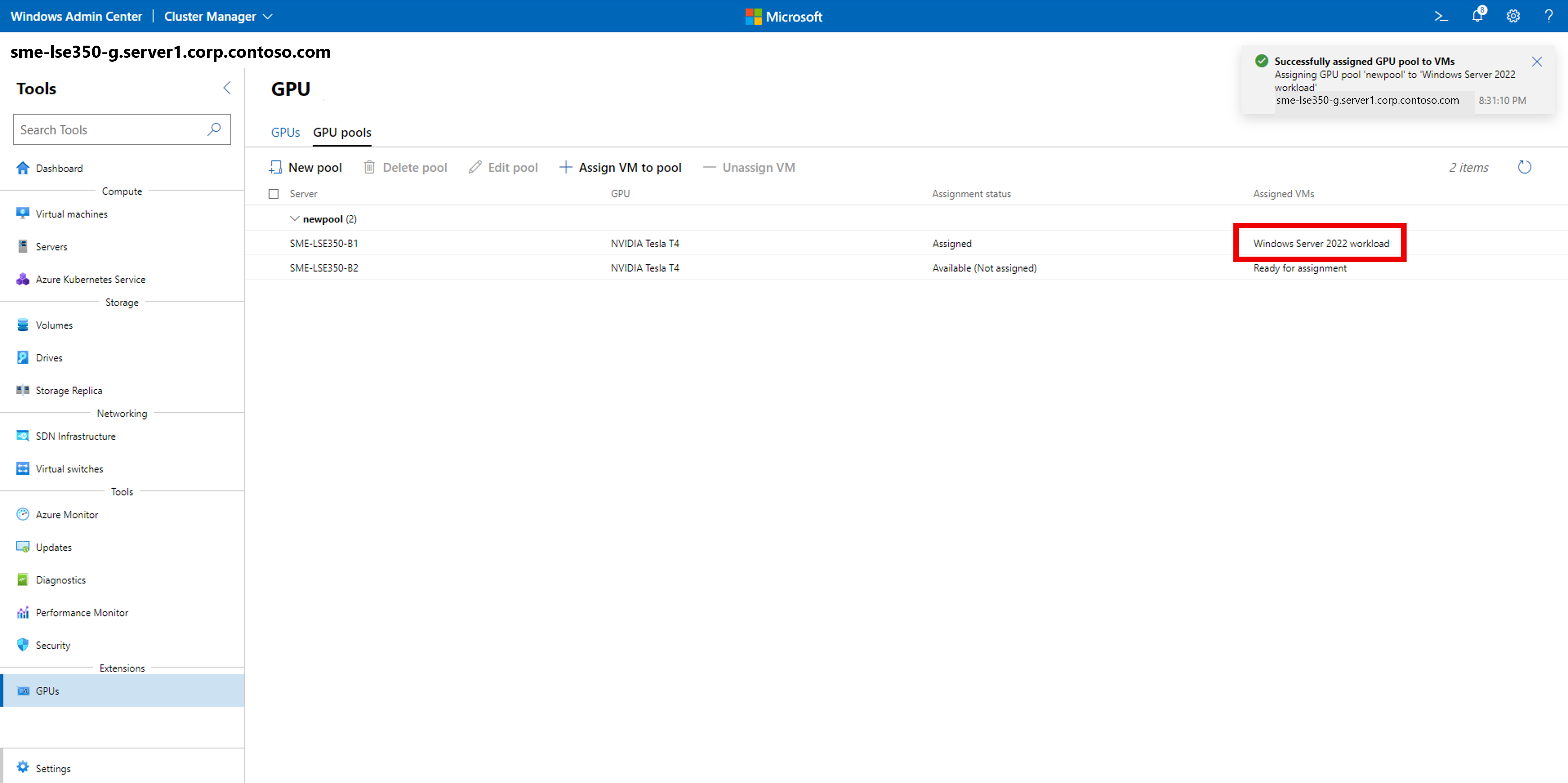 Screenshot of success prompt showing GPU assigned to a VM and the VM displaying under Assigned VMs.