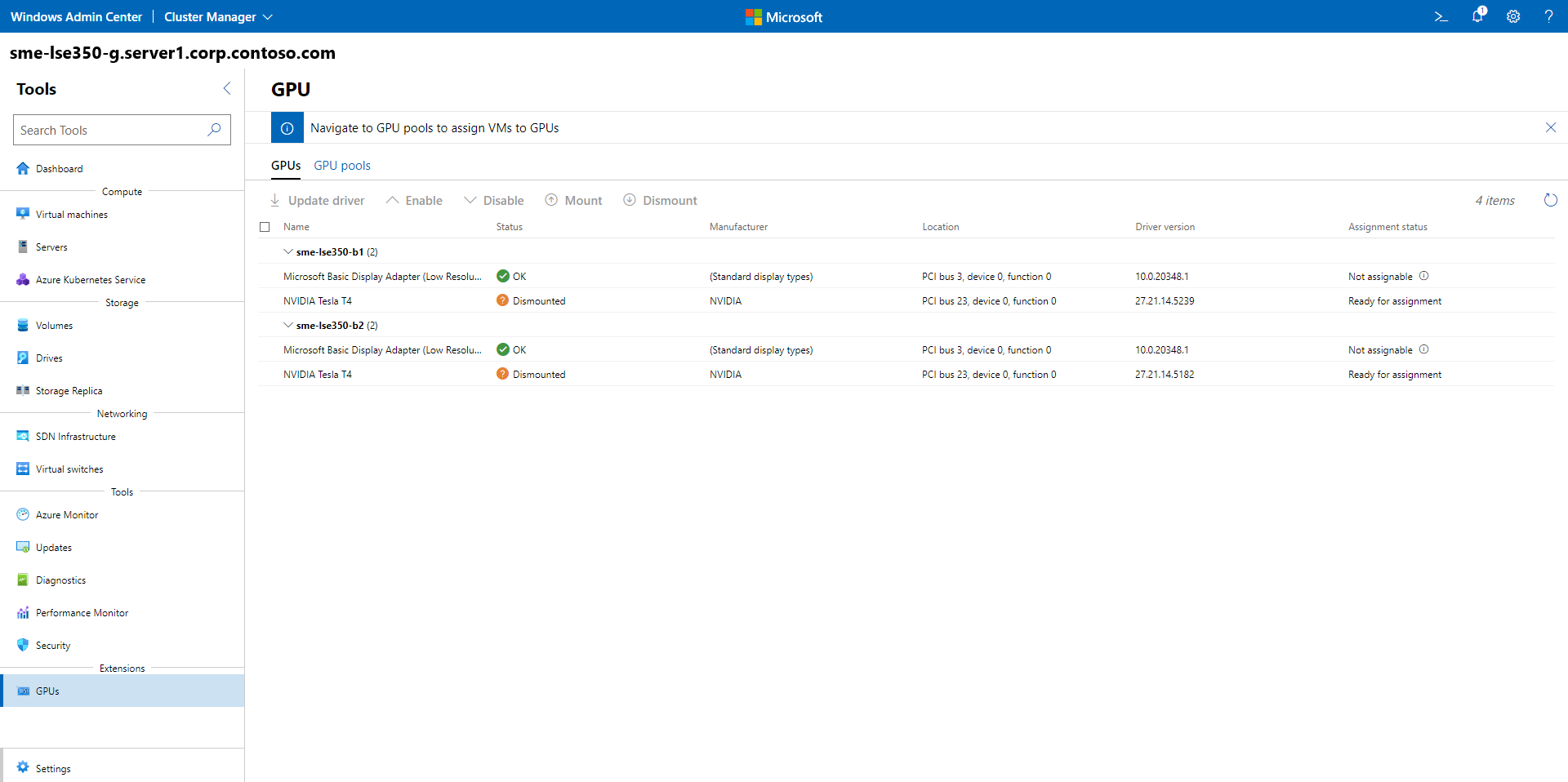 Screenshot of the GPU tool in Windows Admin Center.
