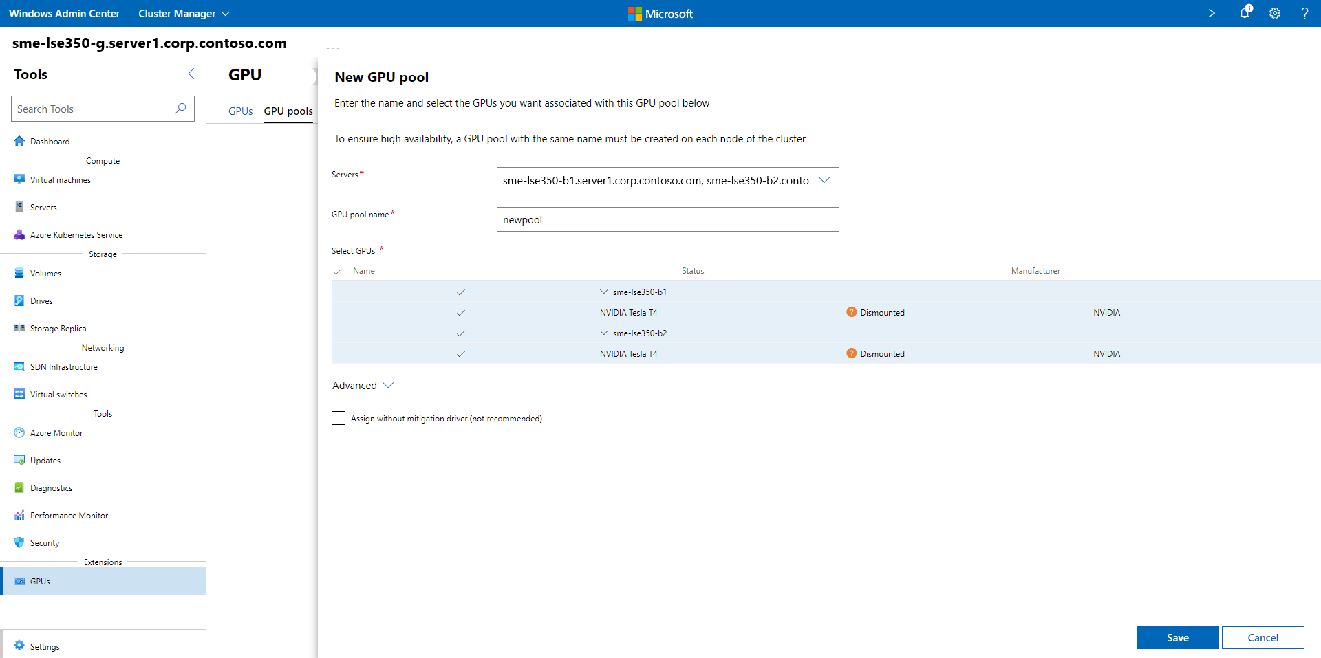 Screenshot of the New GPU pool page in Windows Admin Center to specify servers, pool name, and GPUs.
