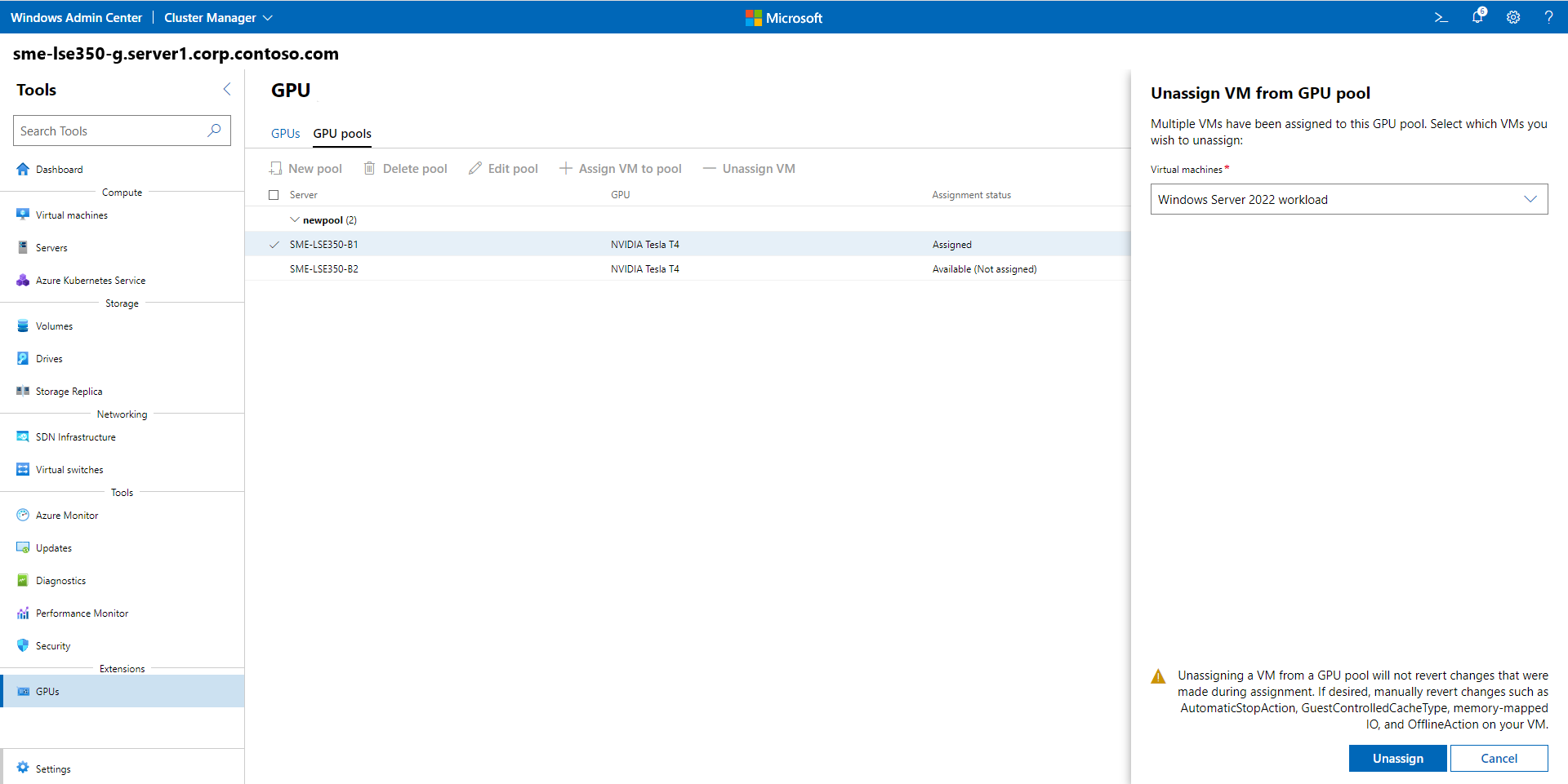 Screenshot of Unassign VM from GPU pool page showing VM to be unassigned.
