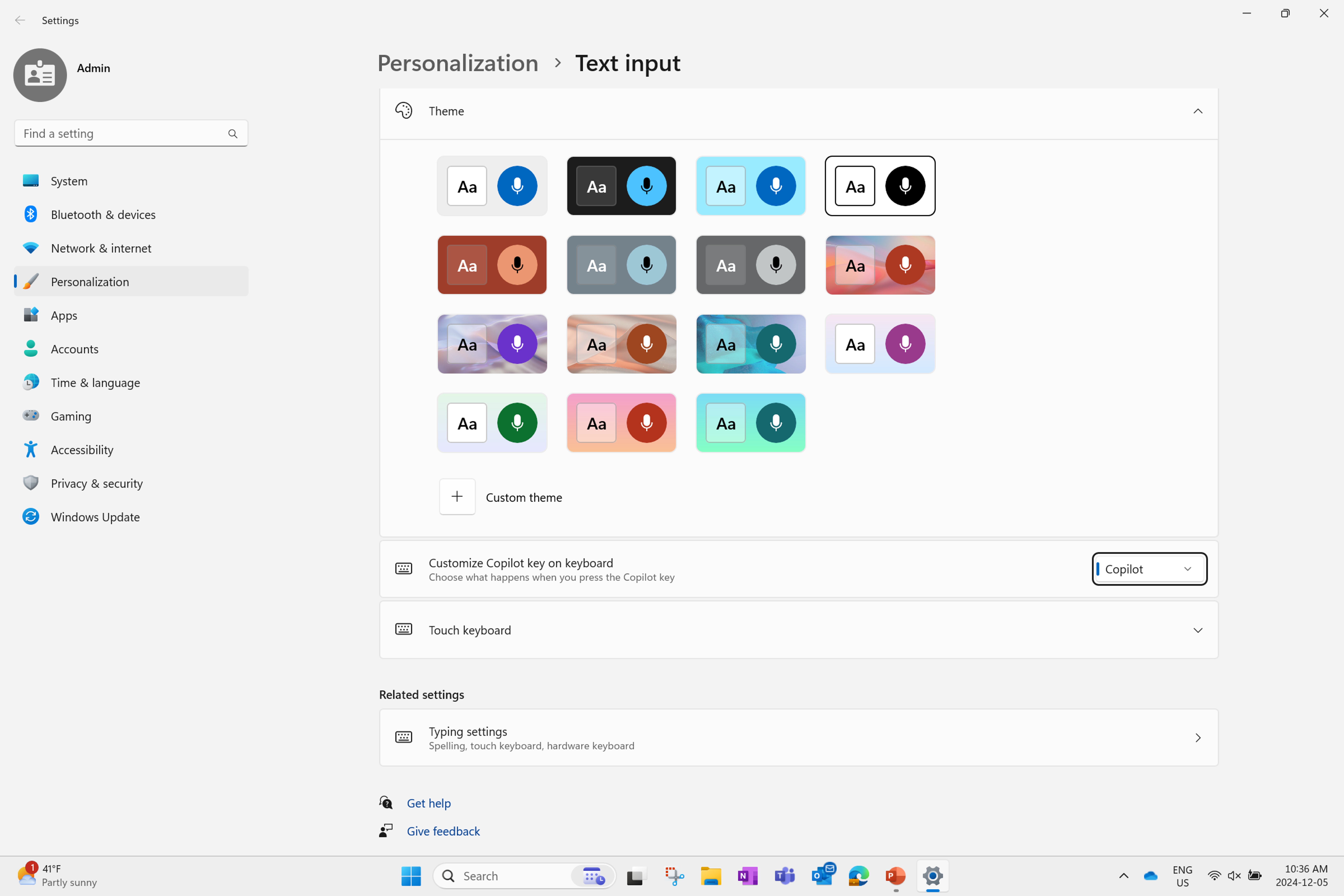 Screenshot of the text input page in Settings.