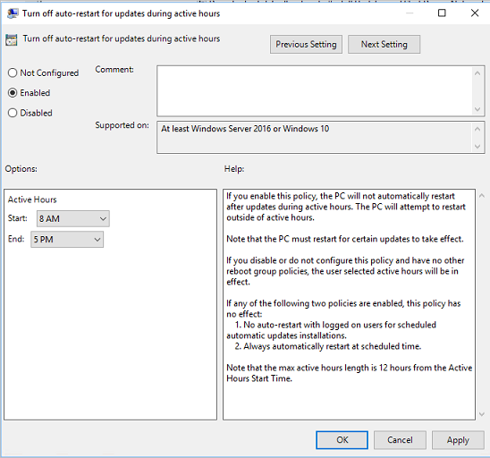 A screenshot of the group policy setting to 'Turn off auto-restart for updates during active hours' set to Enabled and the default active hours specified.