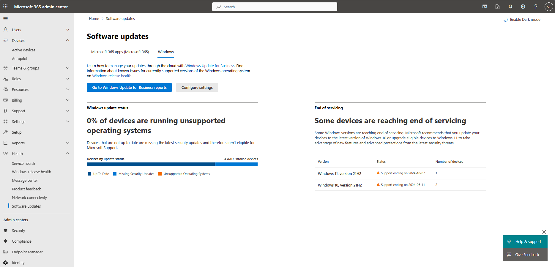 Screenshot of the Microsoft 365 admin center displaying the software updates page with the Windows tab selected.