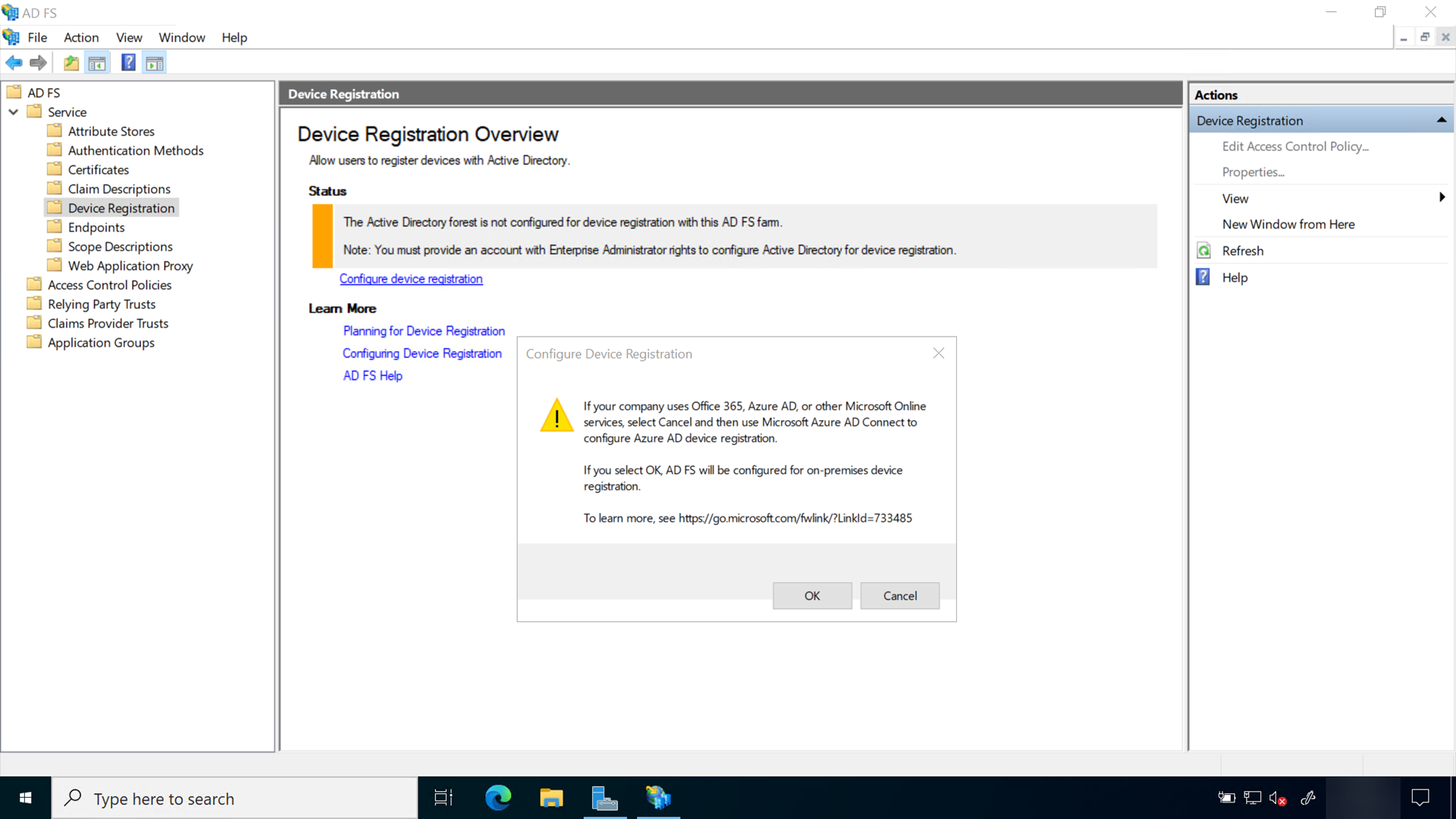 Screenshot that shows AD FS device registration: configuration of the service connection point.