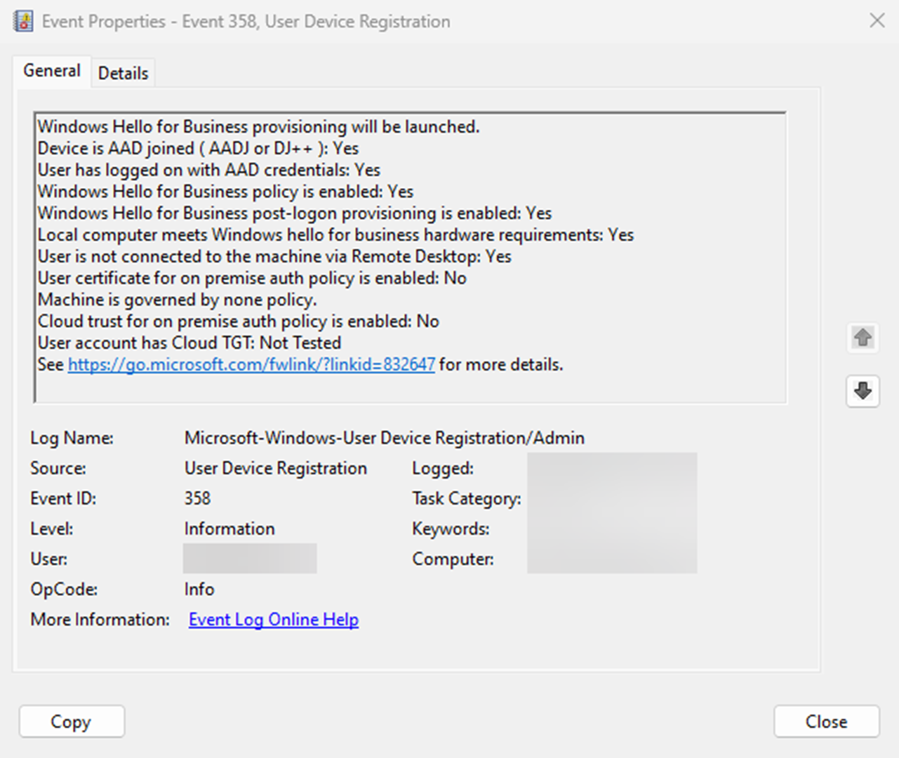 Details about event ID 358 showing that the device is ready to enroll in Windows Hello for Business.