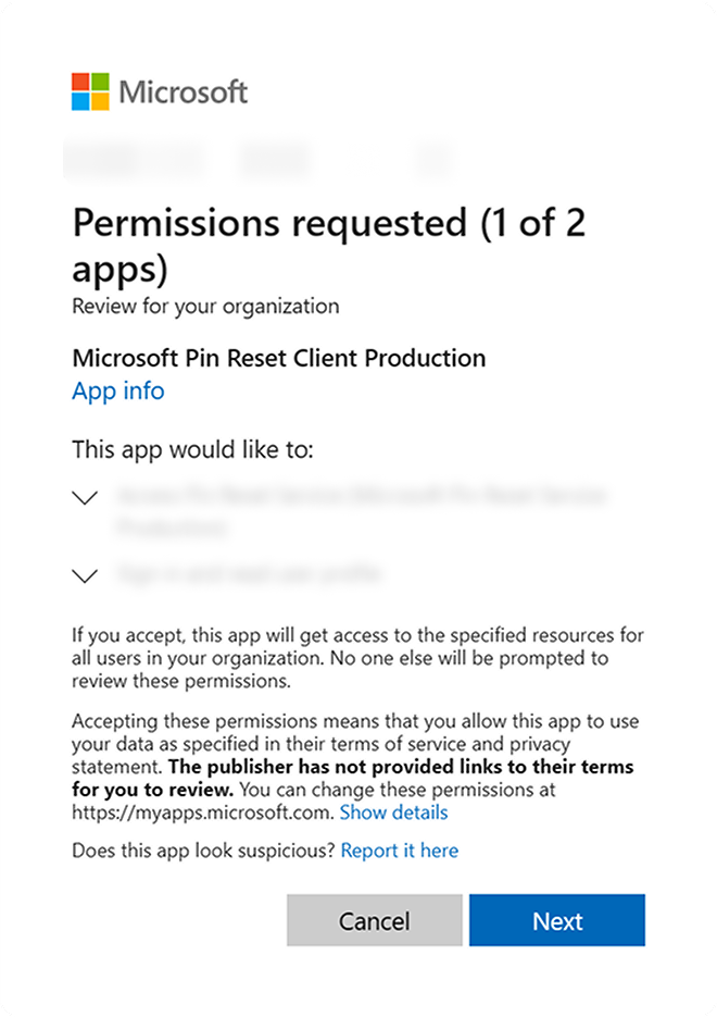 Screenshot showing the PIN reset client permissions page.