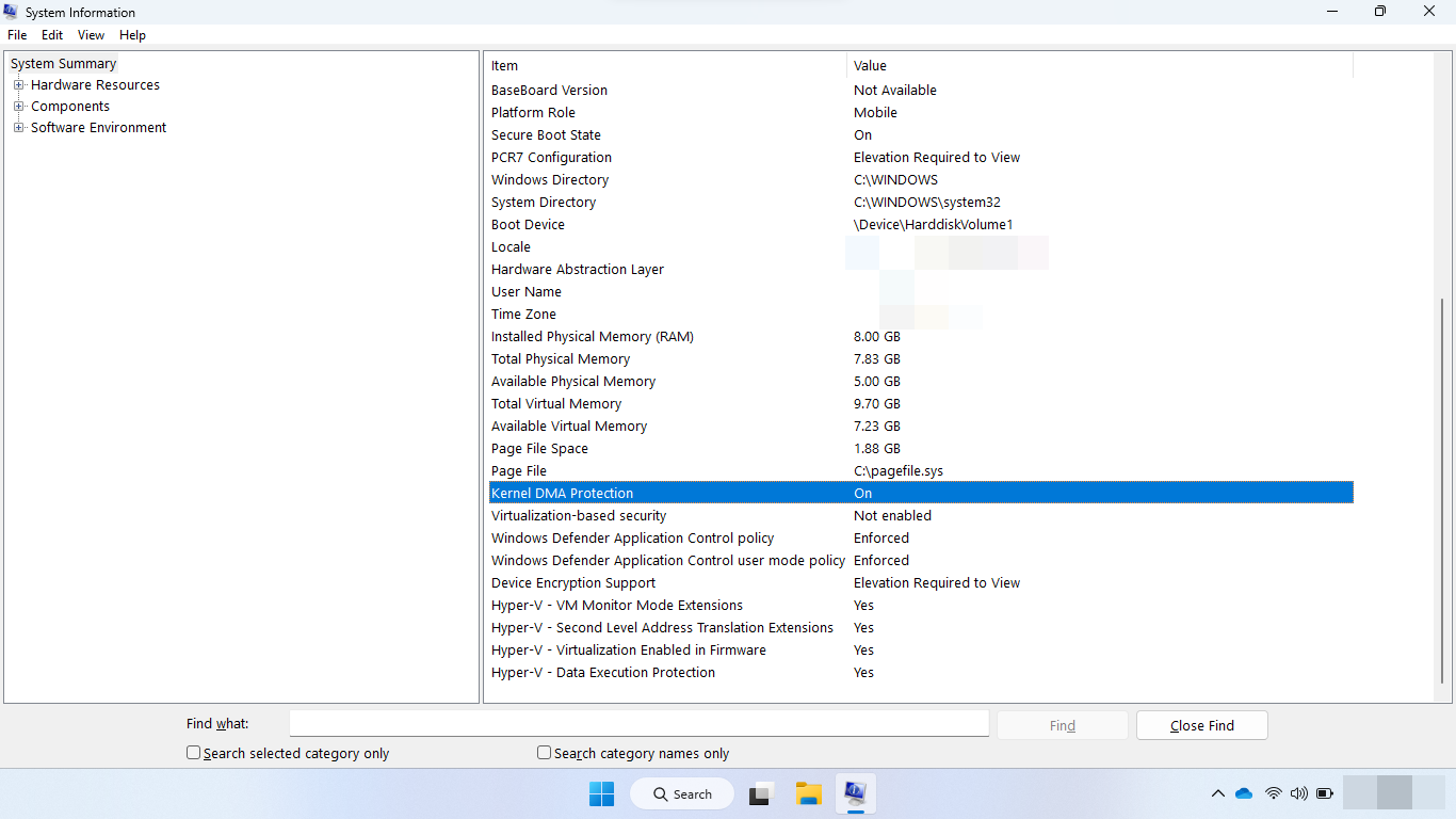 Screenshot of Kernel DMA protection in System Information.