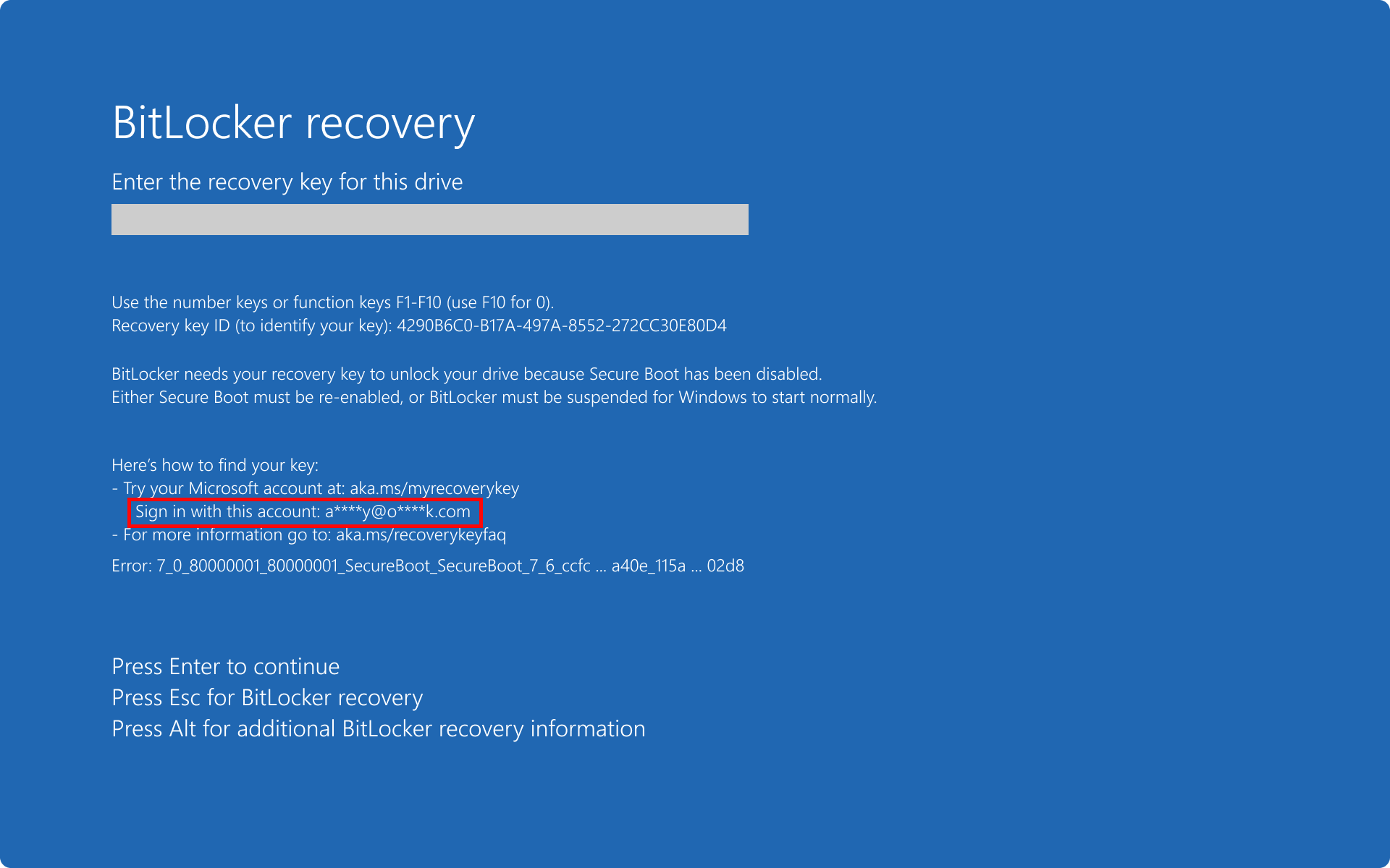 Screenshot of the BitLocker recovery screen showing a Microsoft account hint where the BitLocker recovery key was saved.