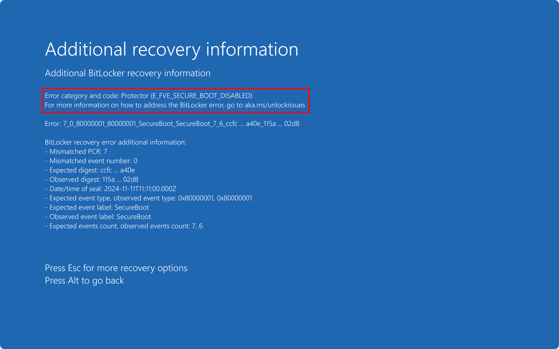 Screenshot of the BitLocker recovery information screen.