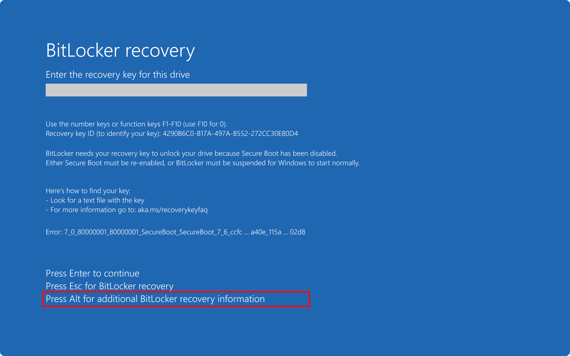 Screenshot of the BitLocker recovery screen highlighting the Alt keyboard button to access the recovery information screen.