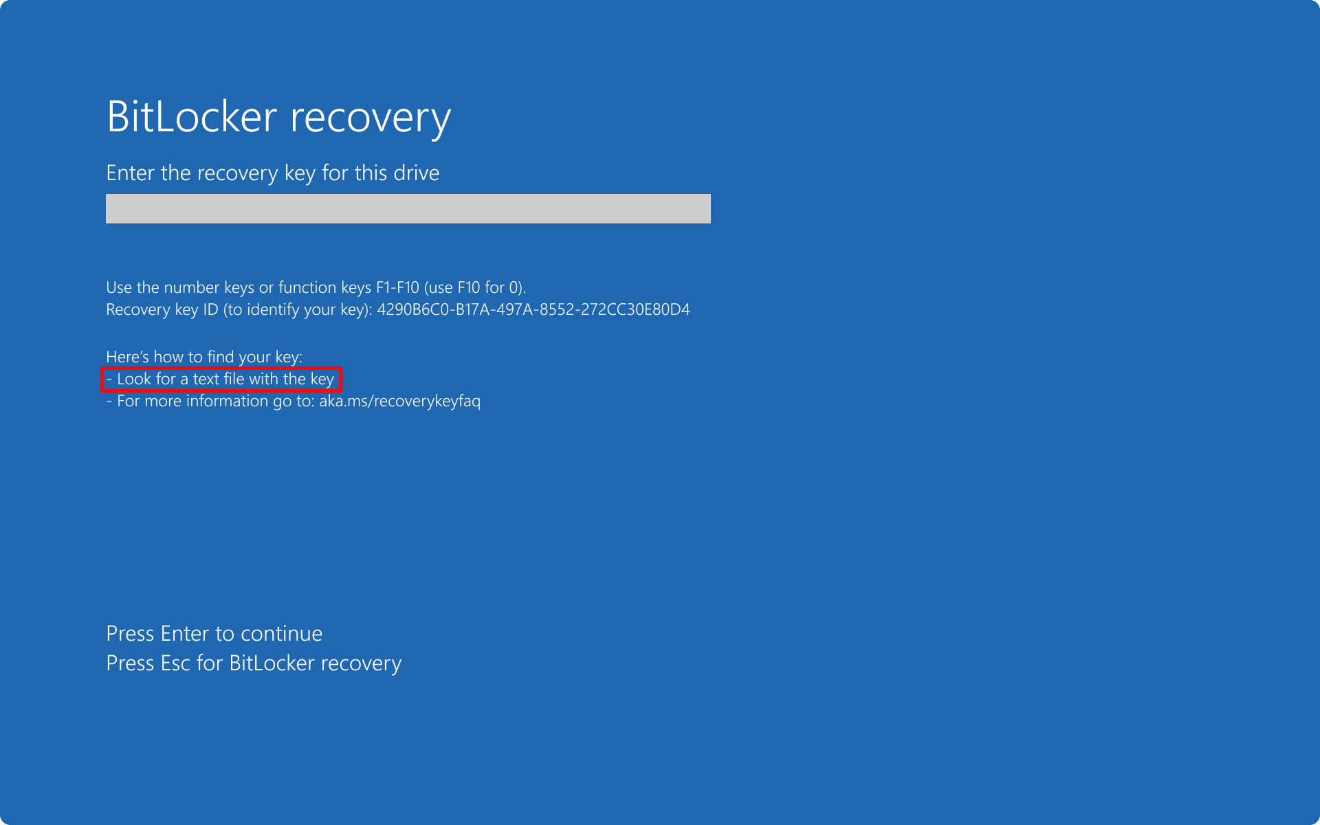Screenshot of the BitLocker recovery screen showing a hint where the BitLocker recovery key was saved.