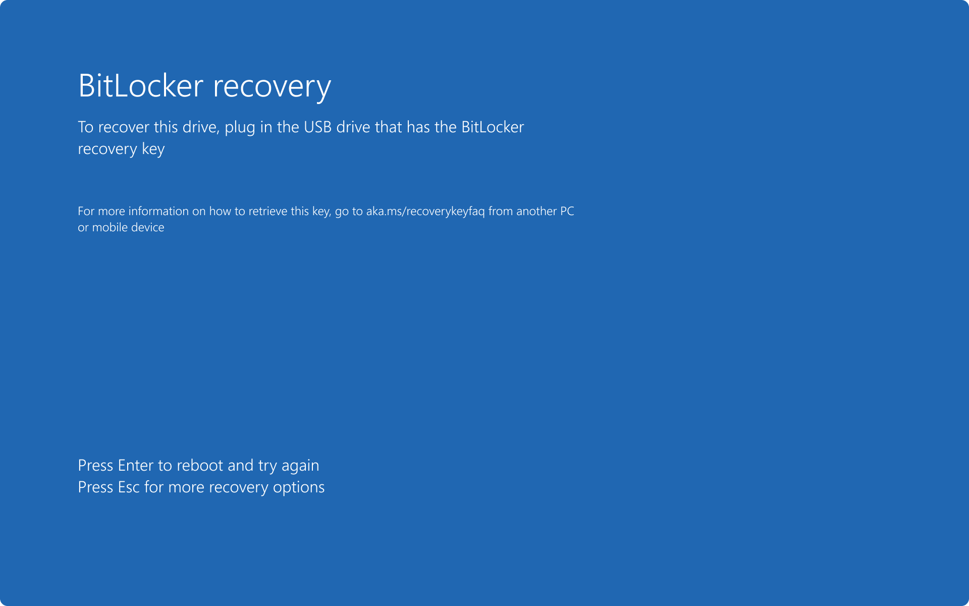 Screenshot of the BitLocker recovery screen asking to plug a USB drive with the recovery key.