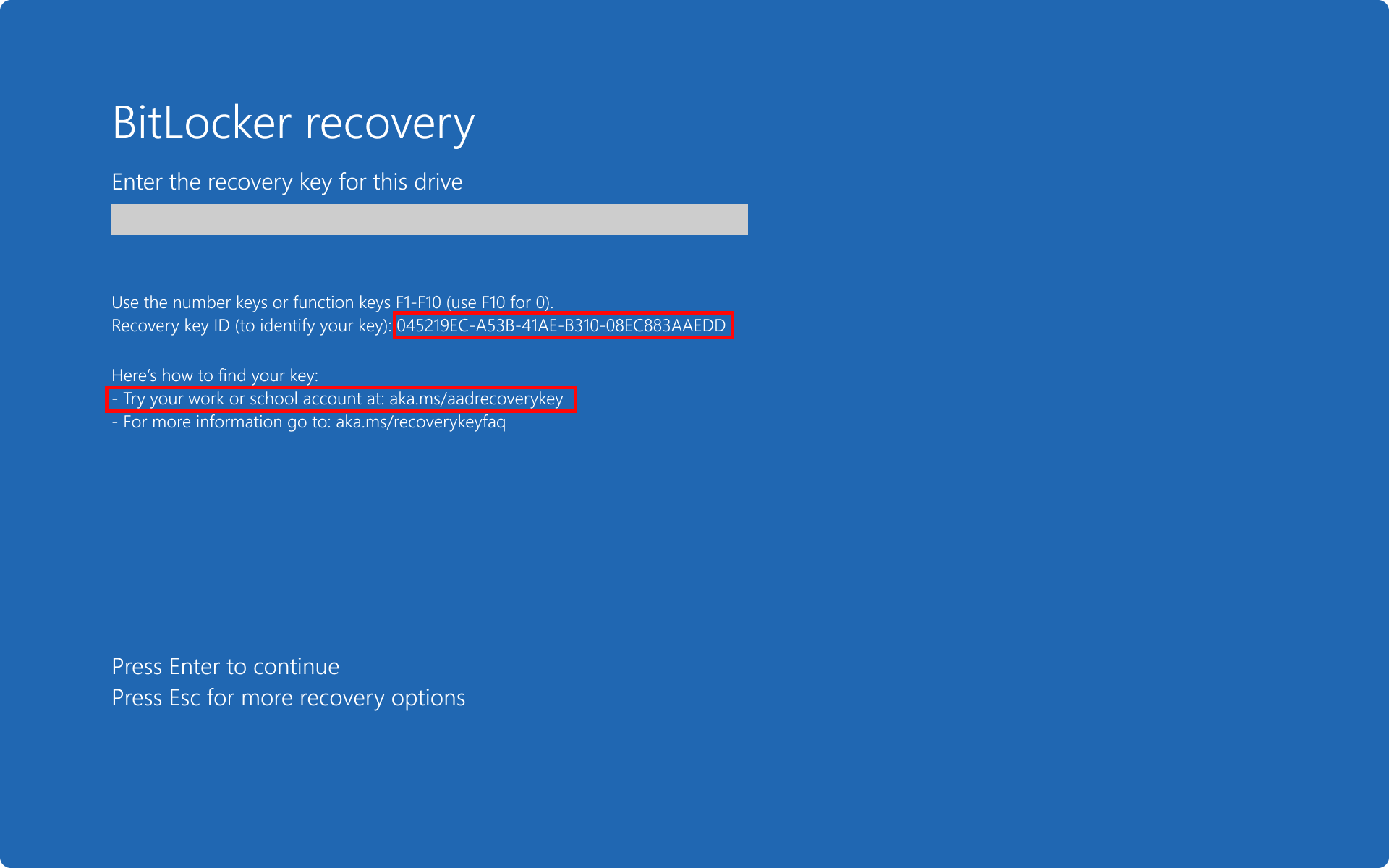 Screenshot of the BitLocker recovery screen showing the key ID of the most recent key.